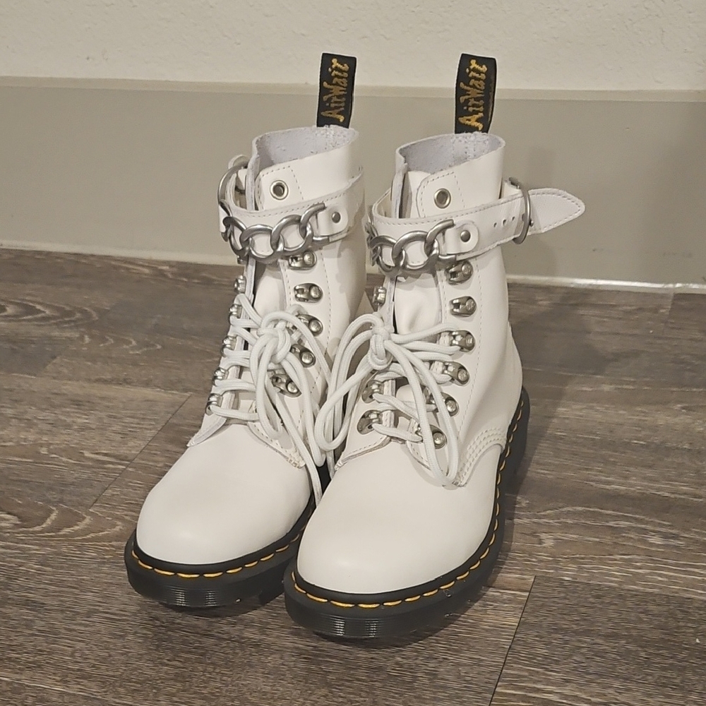 Dr. Martens White Lace-Up Combat Boots with Chain Strap
